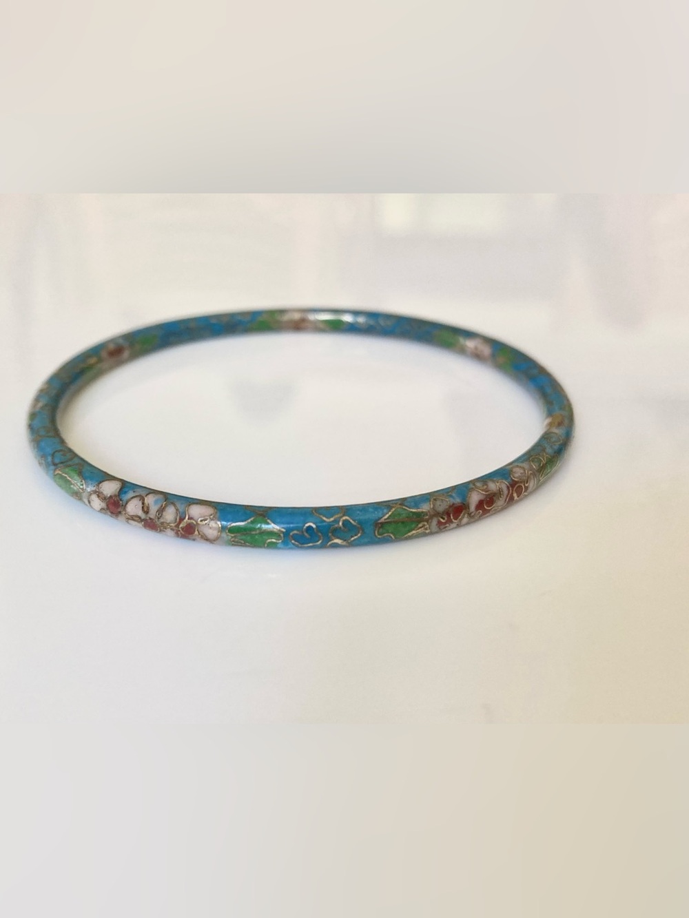 Vintage 1980s blue floral glass enamel cloisonné bangle bracelet